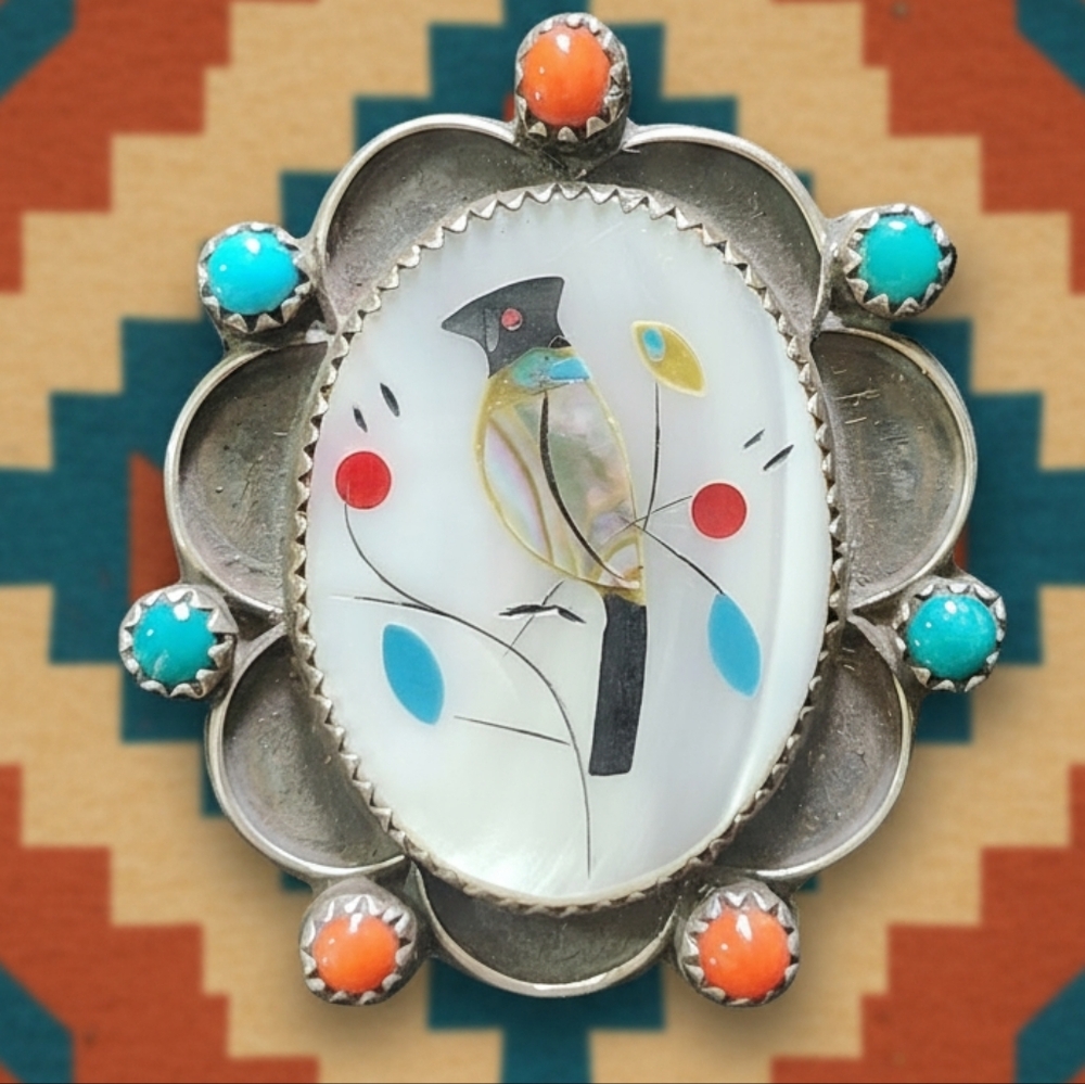 Vintage Sterling Bird Inlay Brooch Pendant with Turquoise and Coral Accents
